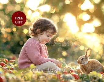 Spring Digital Backdrop | Bunny in Strawberry Field Digital Background
