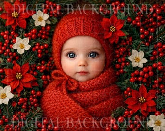 Digitale Weihnachtshintergrund-Vorlage für Neugeborene | Weihnachtsstern- und Stechpalmen-Hintergrund | PNG, Gesicht hinzufügen, Gesicht einfügen