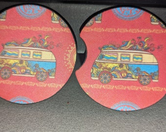 Pink Volkswagen bus car coasters. Set of 2