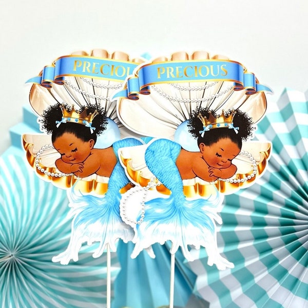 Little Mermaid Baby Shower Centerpiece, Slipping African American Mermaid Blue Gold Birthday Table Diaper Cake Topper Decoration