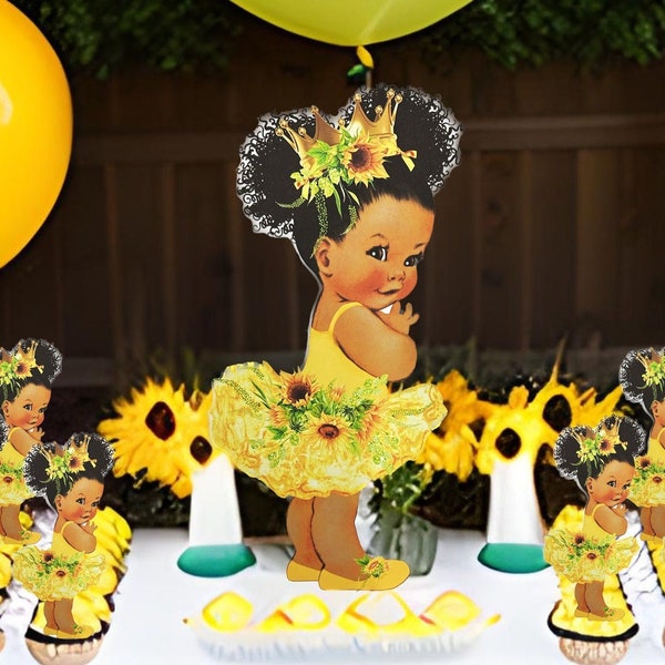 Sunflower Baby Girl Centerpiece Cutouts, Yellow Tutu Gold Crown Baby Shower 1st Birthday Party Decoration