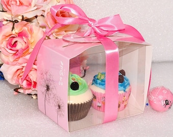 12 Pink Cupcake Boxes, Clear Wedding Cupcake Boxes with Ribbon, Birthday Favor Candy Boxes