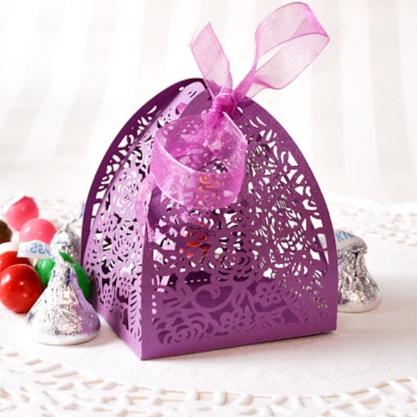 Set of 12 Wedding Favor Box, Purple Rose Gift Box Laser Cut Favor Boxes