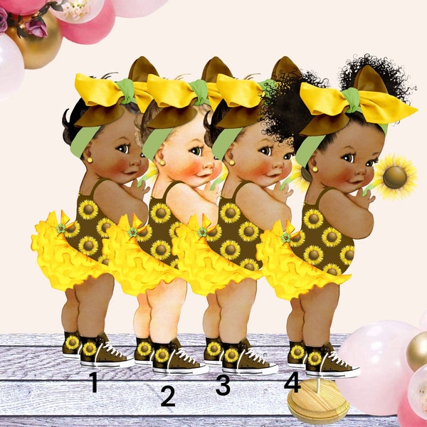Sunflower Girl Centerpiece, Ruffle Pants Head Bow Sneakers, Baby Shower Cutouts, 1st Birthday Cake Topper, Yellow Green Vintage Baby Girl