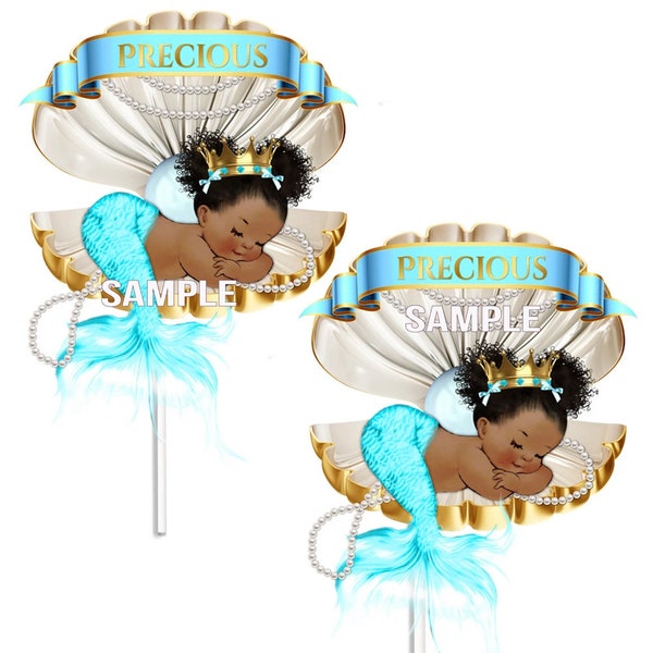 Mermaid Baby Shower Cutouts Centerpiece, Slipping African American Baby Girl 1st Birthday Cake Topper, Table Decoration