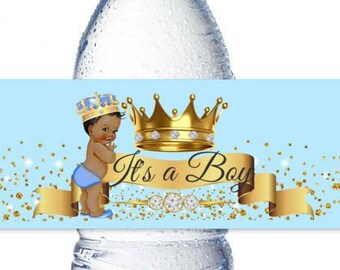 Little Prince Baby Shower Water Bottle Labels: Blue & Gold Favors