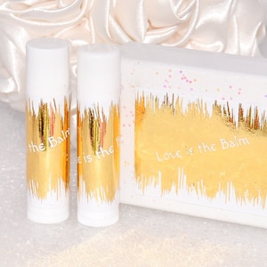 45 Metallic Gold Foil Lip Balm Labels, Wedding Party Favors Stickers, Love is Balm Bridal Shower Labels