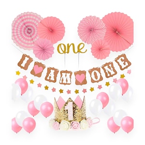 1st Birthday Princess Party Decoration Pink Set, Girl Balloons Party Kit Tiara Crown Banner Cake Topper