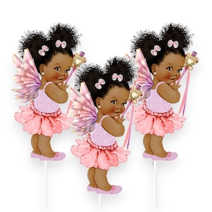 3 Pink Fairy Centerpieces for Table, African American Double-Sided Fairy Birthday Baby Shower Table Decor