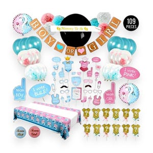 Gender Reveal Party Kit: Balloons, Banner, Cake Toppers, Tableware