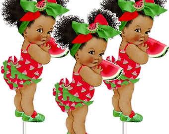 3 Watermelon Birthday Girl Centerpieces African American Birthday Cake Topper Table Decor