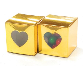 12 Metallic Gold Favor Boxes, Wedding Baby Shower Heart Window Gold Gift Box