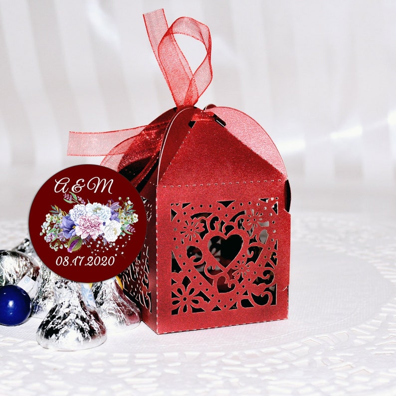 Wedding Laser Cut Out Favor Boxes Kit Burgundy Favor Box with Personalized Kisses Labels Wedding Favor Box
