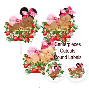 Strawberry Baby Shower Centerpiece Girl Cutouts Favor Labels Pink Green with Bow Party Table Wall Decoration