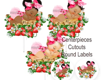 Strawberry Baby Shower Centerpiece: Girl Cutouts, Party Favor Labels