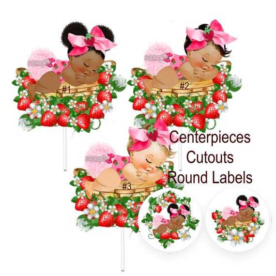 Strawberry Baby Shower Centerpiece Girl Cutouts Favor Labels Pink Green  With Bow Party Table Wall Decoration 