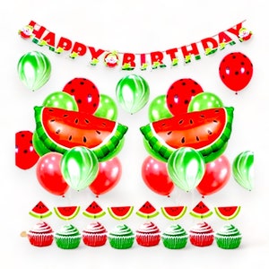 Watermelon Birthday Party Kit: Balloons, Cake Toppers & Banner