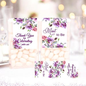 Floral Purple Wedding Labels for Tic Tac Party Favor, Bridal Shower Mint to Be Stickers