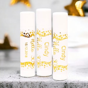 Gold Foil Lip Balm Labels, 30 Personalized Lip Balm Metallic Labels, Chapstick Birthday Personalized Custom Metallic Foil Stickers