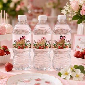 Sleeping Girl Strawberry Water Bottle Labels for Baby Shower Party Favors, 15 Stickers