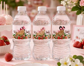 Sleeping Girl Strawberry Water Bottle Labels for Baby Shower Party Favors, 15 Stickers