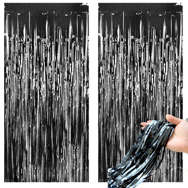 2 Black Foil Curtain Tinsel Backdrop Black Foil Wedding Birthday Decor