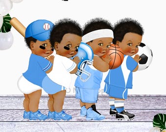 May include: Four baby boys dressed in blue and white sports uniforms holding different sports equipment. The boys are holding a baseball bat, a football helmet, a basketball, and a soccer ball. The boys are standing on a wooden floor.