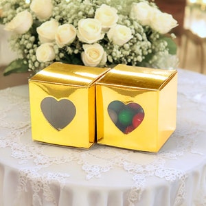 Metallic Gold Favor Heart Window Boxes, Wedding Baby Shower Gold Gift Box