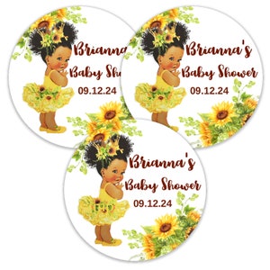 Sunflower Baby Shower Stickers: African American Girl, Personalized Favors