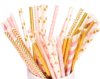 50 Baby Pink and Gold Paper Straws, Pink Straws, Gold Straws, Baby Shower 1st Birthday Princess Girl Party Decoration