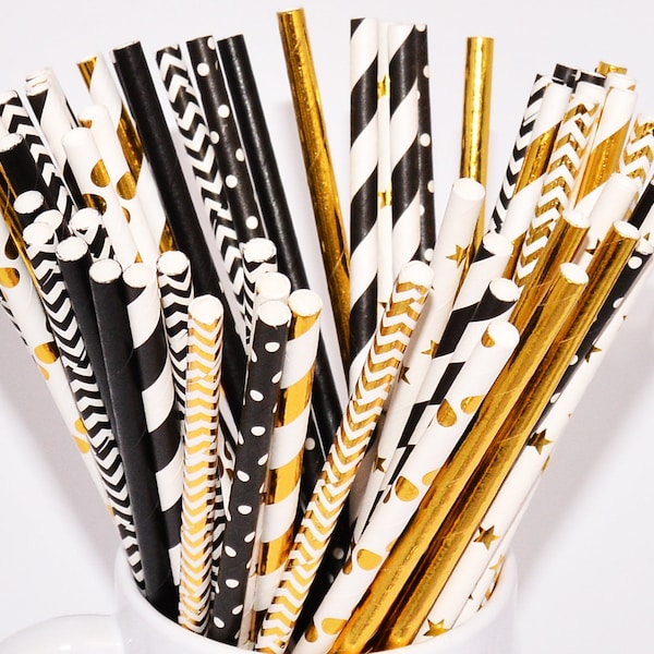 50 Black and Gold Paper Straws, Black Straws, Gold Straws, Birthday Party Decor