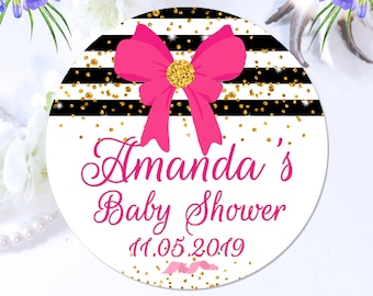 Baby Shower Labels with Pink Bow Gold Glitter, Personalised Party Favor Stickers