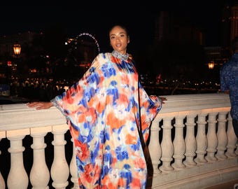 Blue and Red Floral Silk Chiffon Kaftan Abaya, Maxi Dress