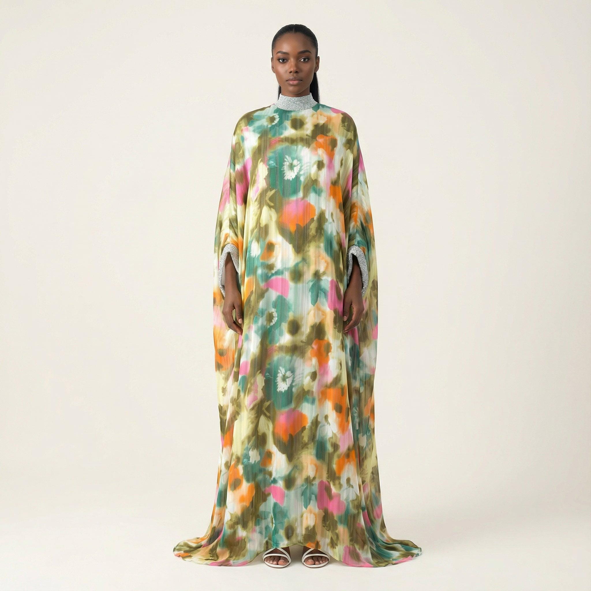 sachin and babi light blue dress Hanae Mori Couture Green Floral Print Silk Caftan Maxi Dress, 1970s – Basha  Gold main image 0