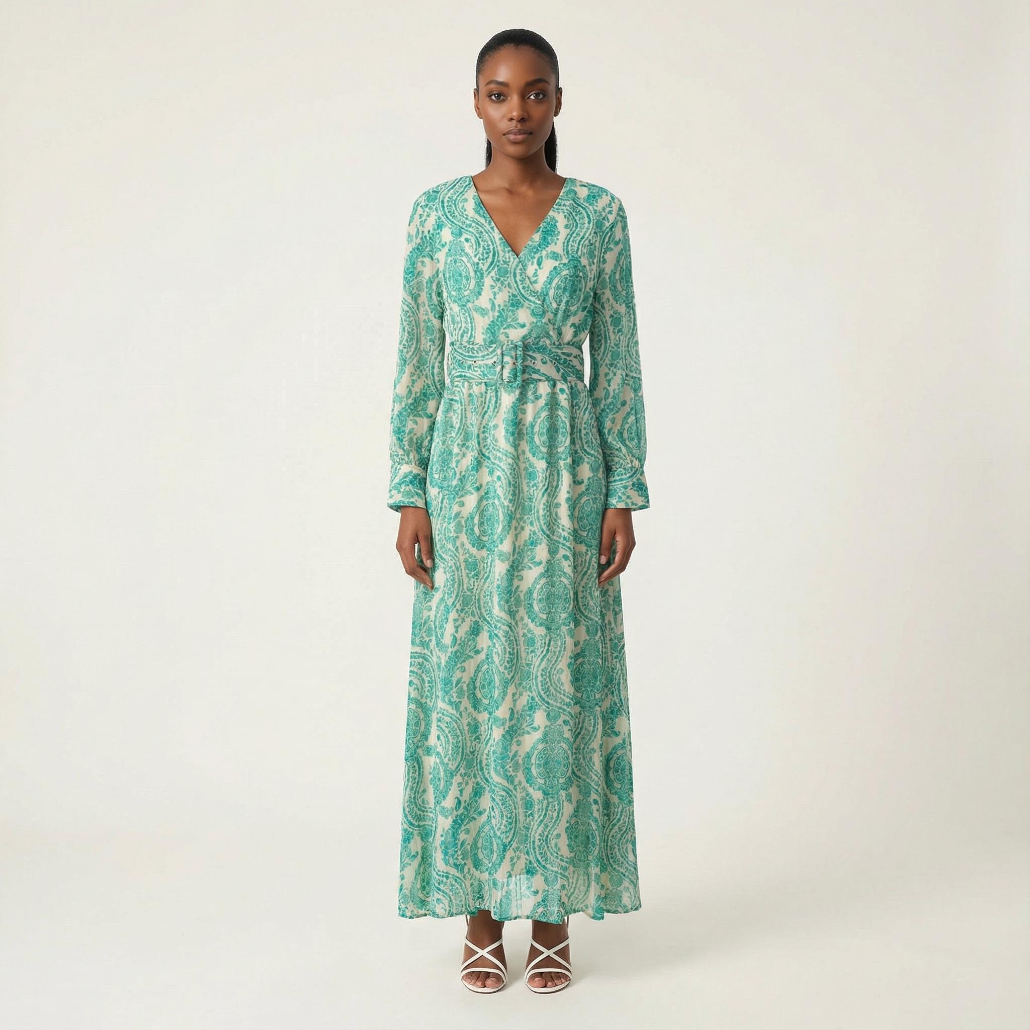 green emerald velvet dress Green Rhinestone Embellished Long Frill Sleeve Henna Dress