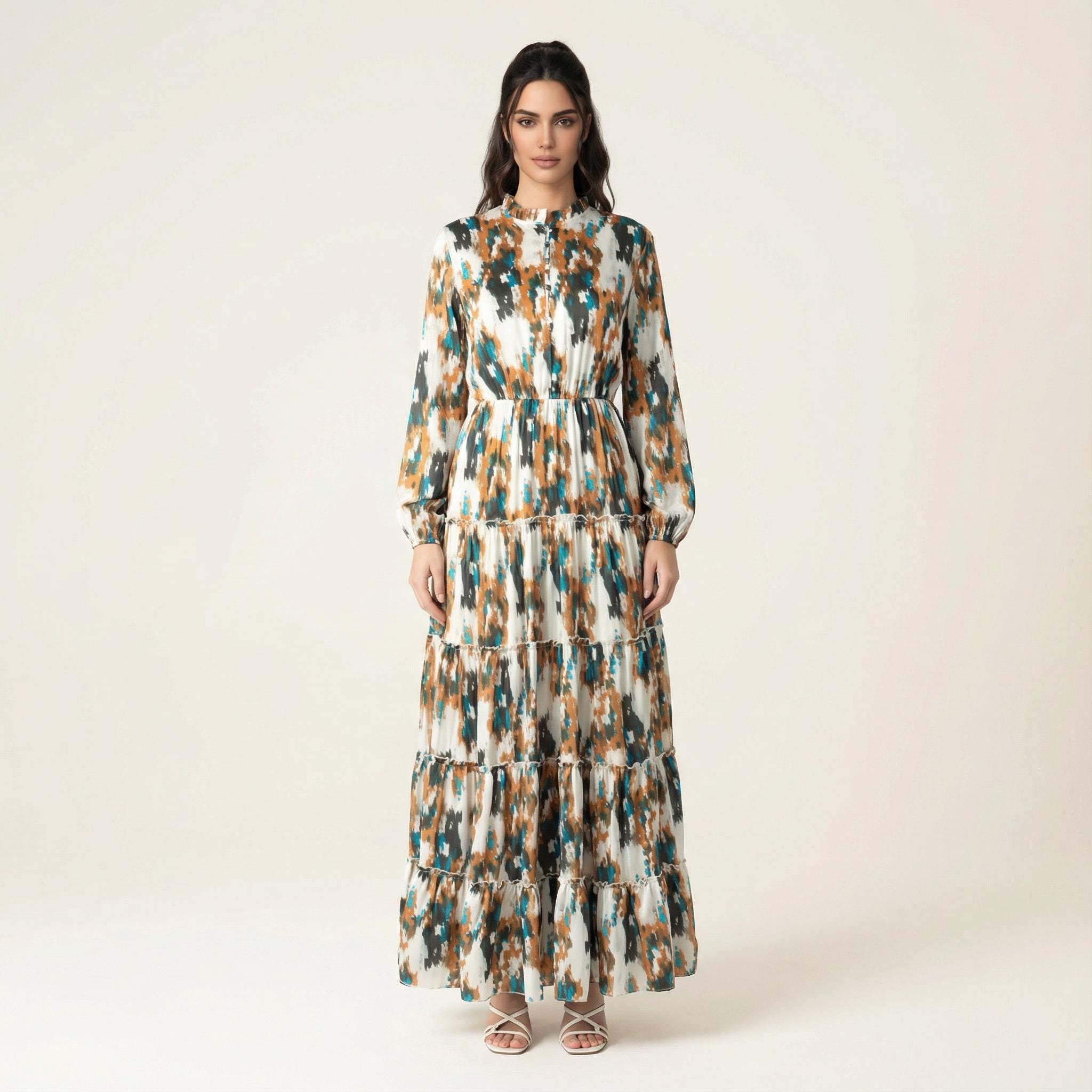 green emerald velvet dress Jasmine Petals Print Mock Neck Maxi Dress | Dress main image 1