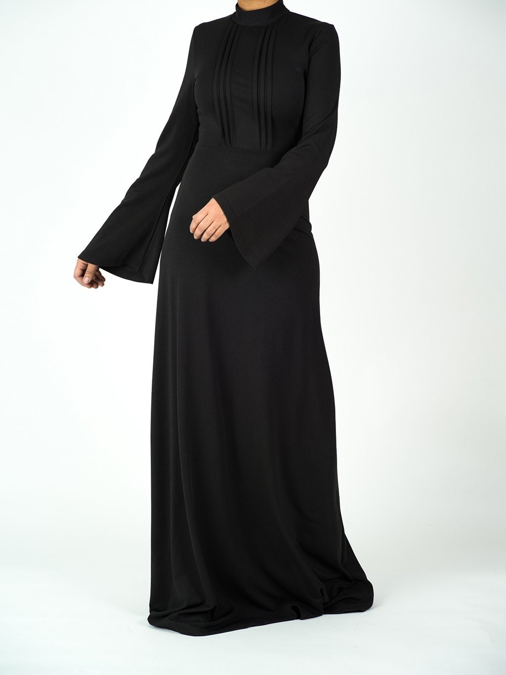 Modest dress maxi dress with sleeve abaya Black pleats wide | Etsy