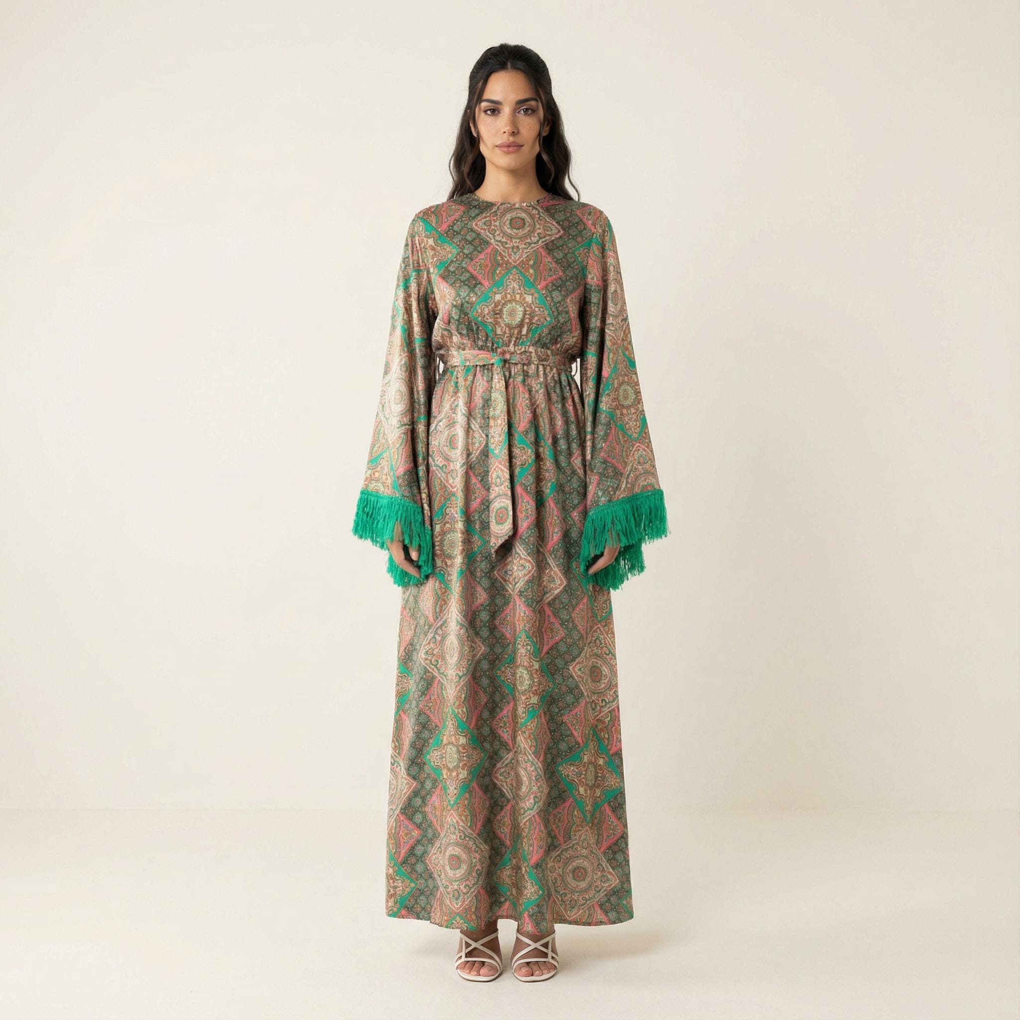 green emerald velvet dress Buttercream Polka dot Long sleeve Maxi modest dress – Kabayare main image 0