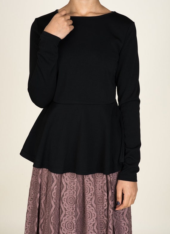 Black Long Sleeve Peplum Topmodest 