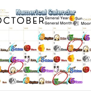 May include: A 2026 Numerical Calendar for October by Adesh Yoga. The grid displays days of the month with planetary symbols, numbers, and names like Jupiter, Rahu, Mercury, Sun, Moon, Ketu, Saturn, Mars, and Venus. Three dates are circled in red.