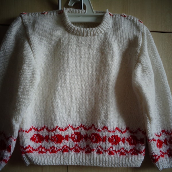 pull marin blanc enfant 18 mois pour 1petit garçon ou 1 petite fille avec 6 boutons sur les épaules avec 1 ancre rouge tricoté mains