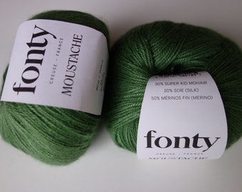 Pelote de laine FONTY, qualité Moustache, coloris Vert anglais, Mérinos mohair et soie. Aiguilles numero 3,5 - 4
