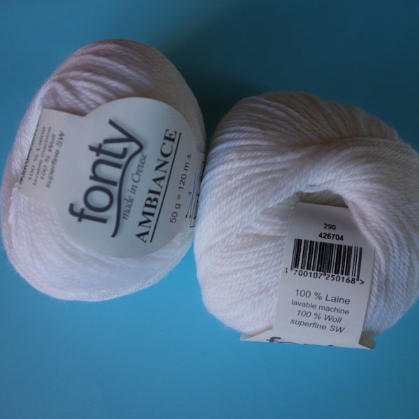 Pelote de laine FONTY, Ambiance, coloris Blanc nature, 100% Laine lavable en machine. Aig 3,5-4