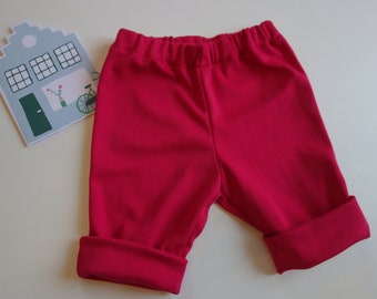 Pantalon interlock de COTON BIOLOGIQUE, rouge, pour bébé, Tailles évolutives 3 et 6 mois, revers, taille élastiquée