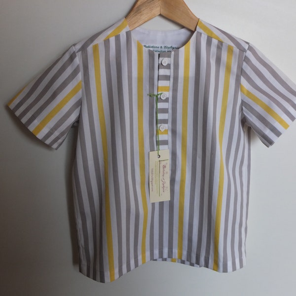 Chemise garçon, sans col, coton biologique, patte de boutonnage, manches courtes, rayures grises et jaunes, taille 4 ans