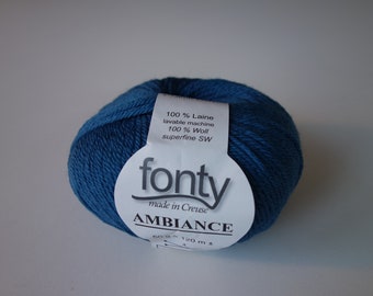 Pelote de laine FONTY, Ambiance, coloris Bleu-canard, 100% Laine lavable en machine. Aig 3,5-4
