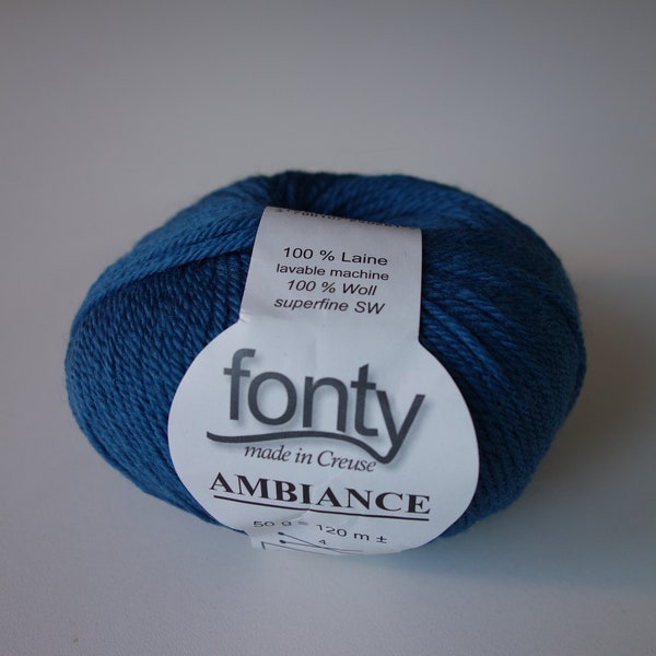 Pelote de laine FONTY, Ambiance, coloris Bleu-canard, 100% Laine lavable en machine. Aig 3,5-4