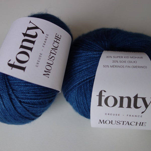 Pelote de laine FONTY, qualité Moustache, coloris Bleu canard moyen, Mérinos mohair et soie. Aiguilles numero 3,5 - 4