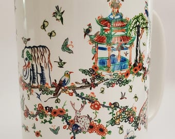 Vintage Mahjong Tile Mug, Floral Animal Scene, 15oz Ceramic