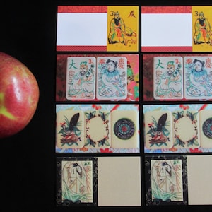 Set von acht Mahjong, kleine Briefpapier-Geschenkkarten & acht Briefumschläge ~ zwei von vier verschiedenen Vintage Mahjong Fliesen-Designs